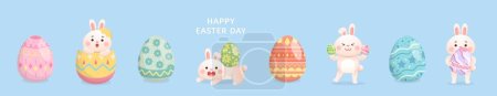 Ilustración de Conjunto de linda y juguetona mascota de conejo o personaje con coloridos huevos de Pascua, alegre celebración de vacaciones, ilustración vectorial - Imagen libre de derechos