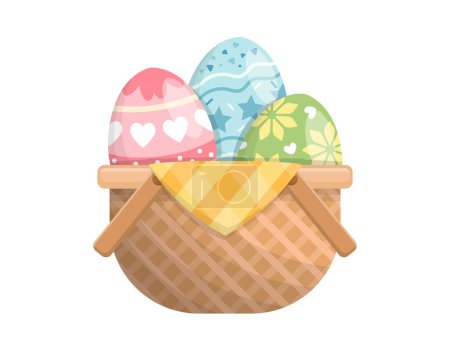 Illustration for Wicker basket with easter eggs isolated on white background, colorful eggs, vector cartoon style - Royalty Free Image