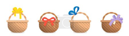 Ilustración de Conjunto de cestas de mimbre con cintas decorativas aisladas sobre fondo blanco, colorido, estilo rústico, ilustración de dibujos animados vectoriales o icono - Imagen libre de derechos