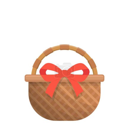 Illustration for Wicker basket with red decorative ribbon, rustic and picnic with Easter elements, vector cartoon illustration or icon - Royalty Free Image
