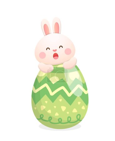 Illustration for Cute playful rabbit mascot or character with green colored eggs, joyful celebration of Easter, vector illustration - Royalty Free Image