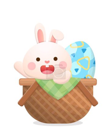 Ilustración de Conejo juguetón mascota o personaje con huevos de Pascua y canasta de mimbre, celebración alegre, ilustración vectorial - Imagen libre de derechos