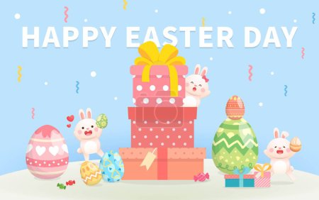Illustration for Stacked gift boxes with painted eggs, cute playful rabbit celebrating Easter, traditional religious event, vector illustration element, greeting card or poster - Royalty Free Image