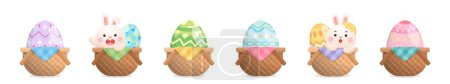 Téléchargez les illustrations : Ensemble de mascottes de lapin ludiques avec œufs de Pâques et panier en osier, célébration joyeuse, illustration vectorielle colorée - en licence libre de droit