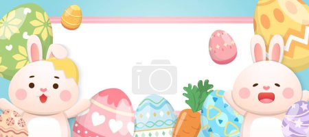 Téléchargez les illustrations : Éléments de Pâques occidentaux, lapin mignon et œufs peints, activités religieuses traditionnelles, affiche vectorielle - en licence libre de droit