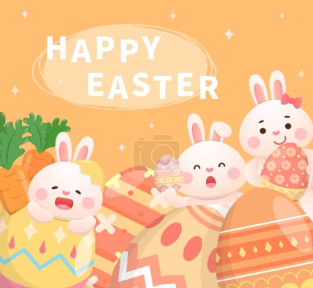 Illustration for Western Easter elements, playful and cute rabbit and painted eggs, traditional religious activities, vector poster or greeting card - Royalty Free Image