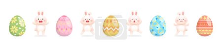 Illustration for Set of cute and playful rabbit mascot or character with colorful easter eggs, joyful celebration of holiday, vector illustration - Royalty Free Image
