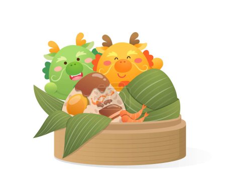 Illustration for Chinese Dragon Boat Festival, cute playful dragon cartoon character and steamed rice dumplings, vector illustration - Royalty Free Image