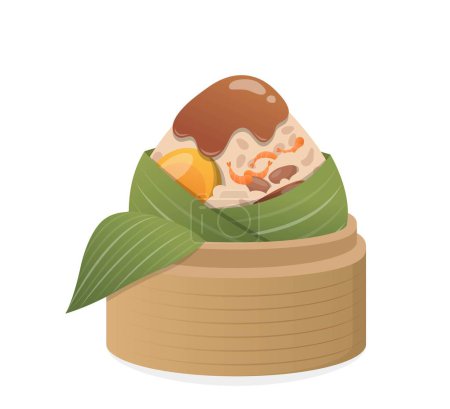 Téléchargez les illustrations : Nourriture traditionnelle chinoise, riz collant enveloppé dans des feuilles de bambou, porc au jaune d'oeuf et sauce, illustration vectorielle - en licence libre de droit