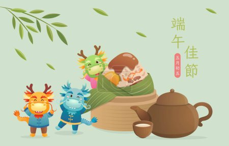 Illustration for Chinese festival, poster with dragon and zongzi mascots, teapot and steamer, Chinese translation: Dragon Boat Festival - Royalty Free Image