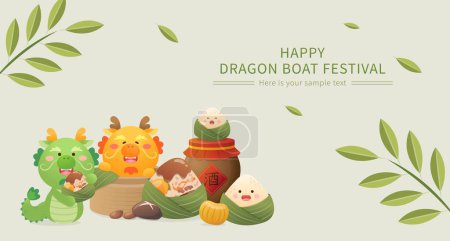Téléchargez les illustrations : Chinese Dragon Boat Festival, personnage de dessin animé zongzi mignon et ludique, riz gluant cuit à la vapeur, illustration vectorielle, traduction chinoise : vin - en licence libre de droit