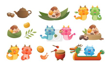 Set of Dragon Boat Festival elements, glutinous rice dumplings and dragon mascot, teapot and dragon boat with bamboo leaves and drum and steamer, vector illustration