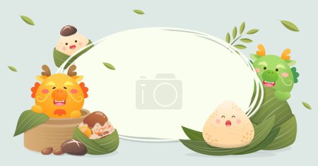 Poster or greeting card for Chinese Dragon Boat Festival, cute dragon mascot or character, traditional food rice dumplings and steamer, vector illustration