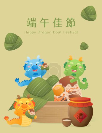 Téléchargez les illustrations : Dragon Boat Festival chinois, mascotte de dragon et nourriture traditionnelle Zongzi, Traduction : Dragon Boat Festival - en licence libre de droit