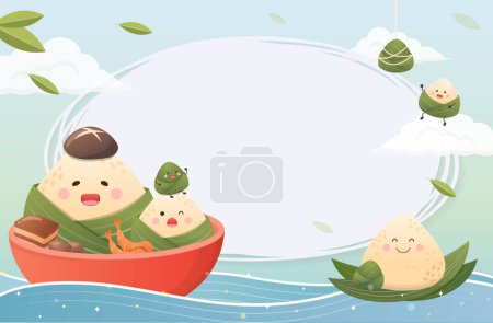 Ilustración de Festival tradicional chino Dragon Boat Festival, linda mascota de la bola de masa de arroz, para póster o tarjeta de felicitación - Imagen libre de derechos