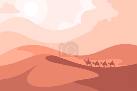 Téléchargez les illustrations : Camel caravane passant par le désert du sahara au Moyen-Orient au coucher du soleil - en licence libre de droit