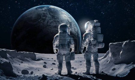 3d rendering. Two astronauts on the moon, with planet earth in the background.