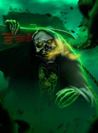 3d rendering. The image of death in black clothes with a scythe in his hands, a black hood. Grim reaper in the fog. green tone