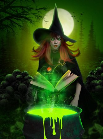 3D-Darstellung, Dramatische, mystische Kulisse für Halloween mit einer Hexe. , Märchen. , mit einem Buch des Zaubers