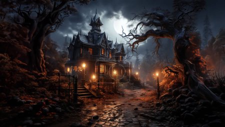 Téléchargez les photos : 3d rendu, Nuit maison fantaisie clair de lune dans sombre forêt sombre effrayant dans la scène fantaisie brouillard, Halloween - en image libre de droit