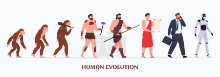 Ilustración de Ilustración de la evolución humana. Desarrollo del mono al hombre y al robot humanoide. El progreso del ser humano. - Imagen libre de derechos