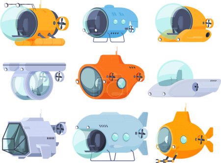 Ilustración de Submarinos en estilo de dibujos animados. Exploración de las profundidades del agua, barcos turísticos para explorar el fondo del mar. - Imagen libre de derechos