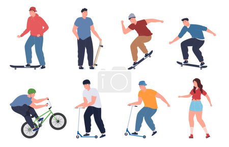 Ilustración de Los adolescentes en patines, scooters, bicicletas se divierten. Stunt deportes, estilo de vida activo. - Imagen libre de derechos