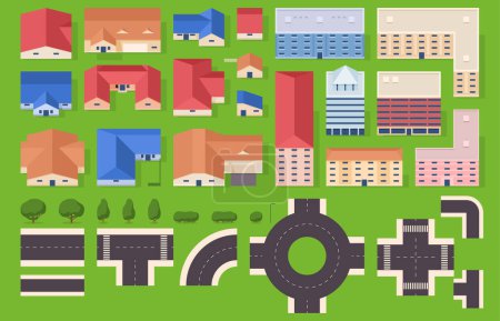 Illustration for Set of landscape elements with houses, trees, roads in cartoon style. City, village top view. - Royalty Free Image