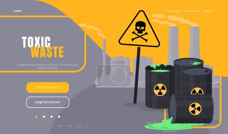 Illustration for Loading page with radioactive waste in barrels. Industrial environmental pollution with toxic and chemical waste. - Royalty Free Image