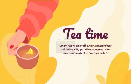 Illustration for Banner Tea time. Hands hold cups with hot tea and coffee. Warming delicious drinks in men and women hands. - Royalty Free Image