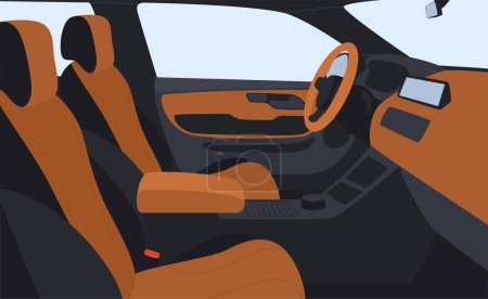 Ilustración de Interior del coche desde el medio. Moderno interior cómodo del coche con tablero de instrumentos y asientos del conductor. - Imagen libre de derechos