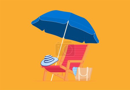 Téléchargez les illustrations : Chaise longue avec parasol. Vacances d'été sur une plage de sable fin. Joyeuses vacances chaudes. - en licence libre de droit