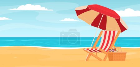Illustration for Beach deck chair with umbrella. Summer vacation on a sandy beach. Happy hot vacation. - Royalty Free Image