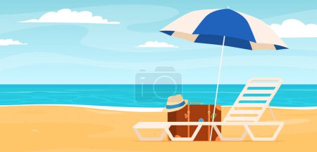 Téléchargez les illustrations : Chaise longue avec parasol. Vacances d'été sur une plage de sable fin. Joyeuses vacances chaudes. - en licence libre de droit