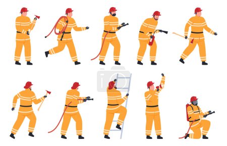 Téléchargez les illustrations : Personnages de pompiers dans différentes poses. Sauvetage en cas d'incendie dans la maison, travaux de sauvetage. Service de secours en situation d'urgence. - en licence libre de droit