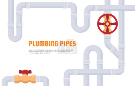 Illustration for Banner with pipes laid on the background. Spare parts for the pipeline. Bends, connectors, taps and sensors for plastic pipes. Plumbing work in the house. - Royalty Free Image
