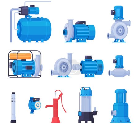 Illustration for Water pumps. Water and liquid pumping. Technical equipment for water stations. - Royalty Free Image