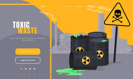Ilustración de Página de carga con residuos radiactivos en barriles. Contaminación ambiental industrial con residuos tóxicos y químicos. - Imagen libre de derechos