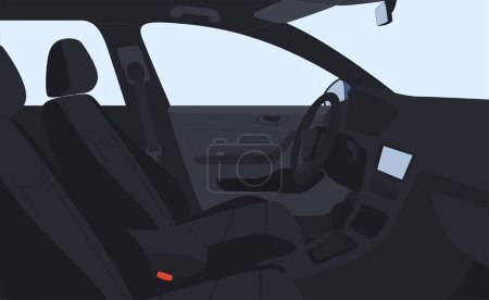 Ilustración de Interior del coche desde el medio. Moderno interior cómodo del coche con tablero de instrumentos y asientos del conductor. - Imagen libre de derechos