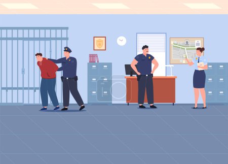 Illustration for Police Department. Police officers in various work processes of law enforcement agencies. Observance and protection of public order, investigation of crimes. - Royalty Free Image