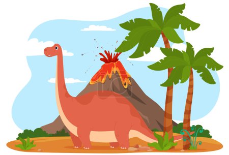 Illustration for A dinosaur on an island with a volcano. Cartoon cute beautiful dinosaurs. Ancient cold-blooded lizards in children cartoon style. - Royalty Free Image