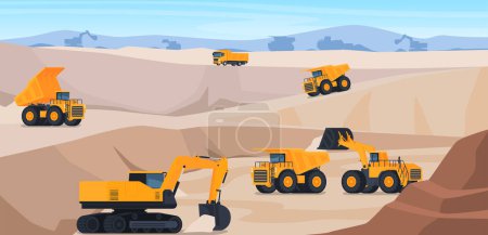 Illustration for Quarry with open-type rock. Heavy quarry equipment for the extraction of minerals. Excavators and dump trucks of large sizes. - Royalty Free Image