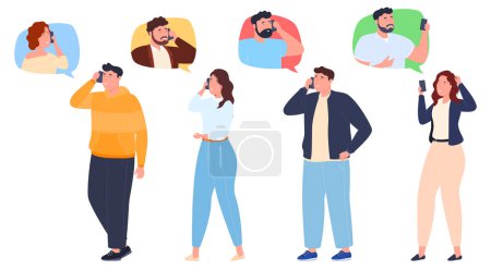 Illustration for People communicate with each other using smartphones. Men and women talk on the phone with other interlocutors. - Royalty Free Image