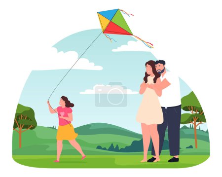 Téléchargez les illustrations : Une famille heureuse avec un enfant vole un cerf-volant dans la nature. Amusant, amical, passe-temps actif dans l'air frais. - en licence libre de droit