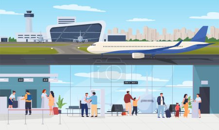 Internationaler und regionaler Flughafen. Landebahn mit Flugzeug und Kontrollturm. Menschen im Terminal checken ein, um ins Flugzeug zu steigen.