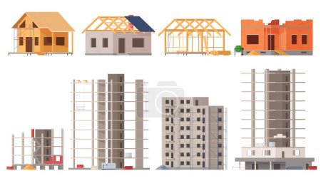 Téléchargez les illustrations : Cadre des maisons. Le processus de construction de différents types de bâtiments. Travaux de construction. - en licence libre de droit