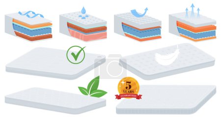 Illustration for Orthopedic mattresses in section. Mattress layers and fillings. Different types of sleeping surfaces. - Royalty Free Image