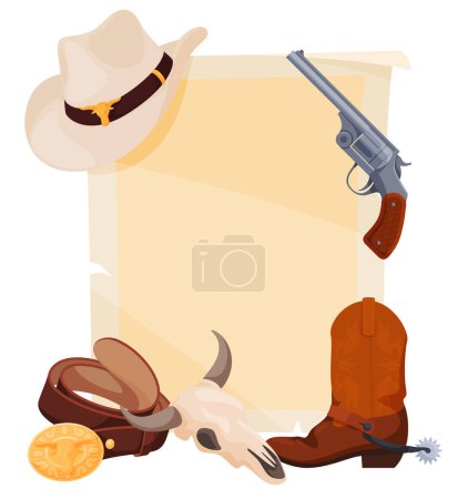 Téléchargez les illustrations : Affiche avec Ensemble d'icônes d'objets sur le thème du Far West. Objets de la vie des cow-boys. - en licence libre de droit