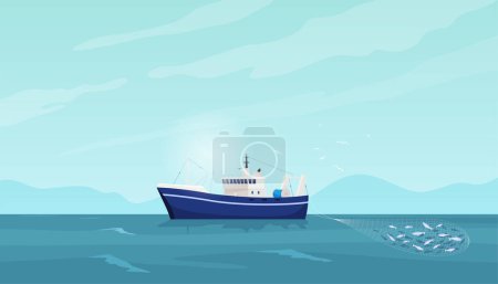 Illustration for Fishing sea boats. Commercial fishing in large quantities. Sea background with fishing ship. - Royalty Free Image