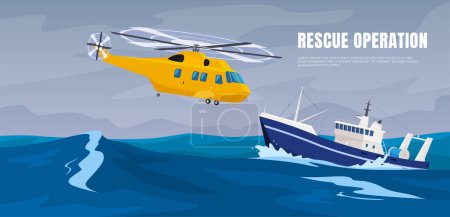 Illustration for Rescue helicopter in the sea with a group of rescuers. Rescue and search for victims at sea during a storm. Aid to damaged ships. - Royalty Free Image